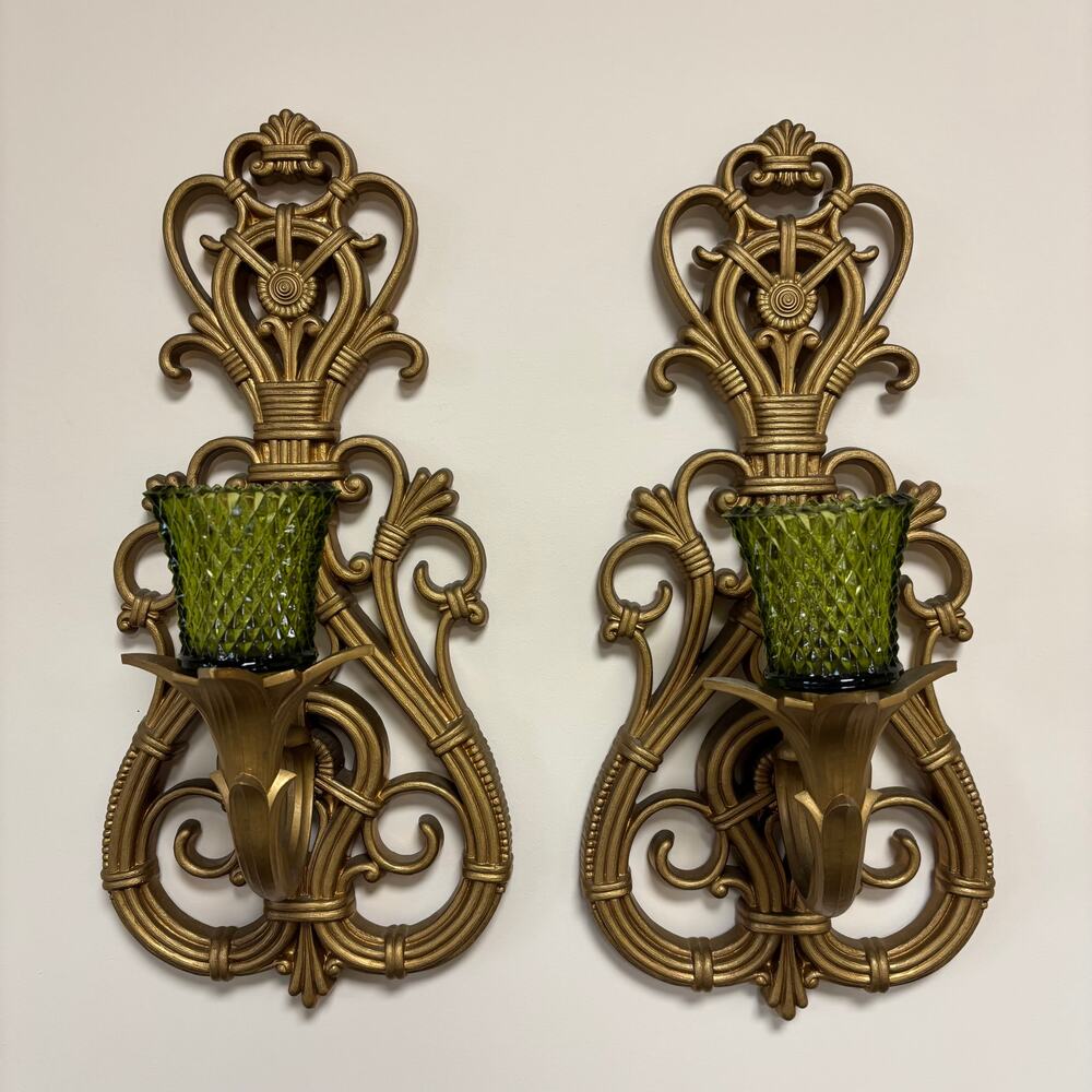 Vintage 1971 HOMCO 4119 Gold Wall Sconces Green Glass Candle Holders Pair